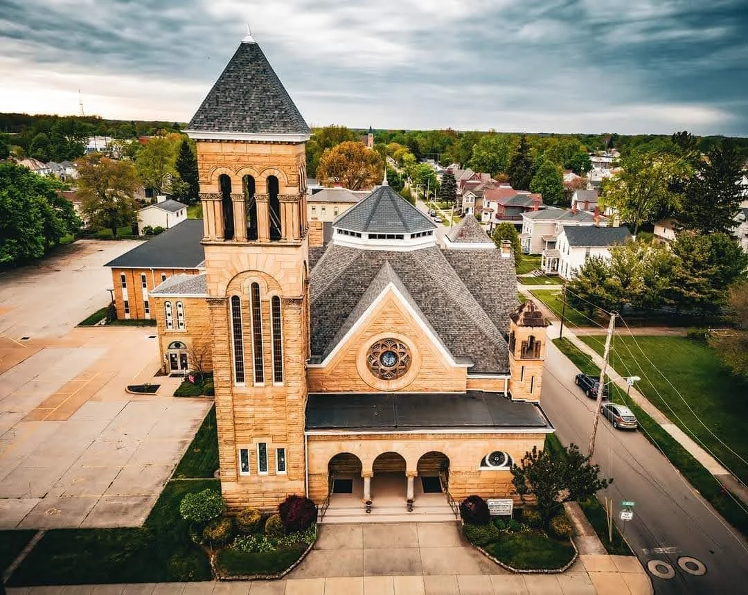 Aerial view of First United Methodist Church, Norwalk, Ohio
